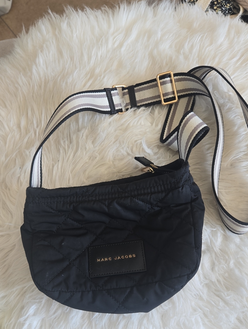 Marc Jacobs Black Quilted Crossbody with Striped Webbing Strap